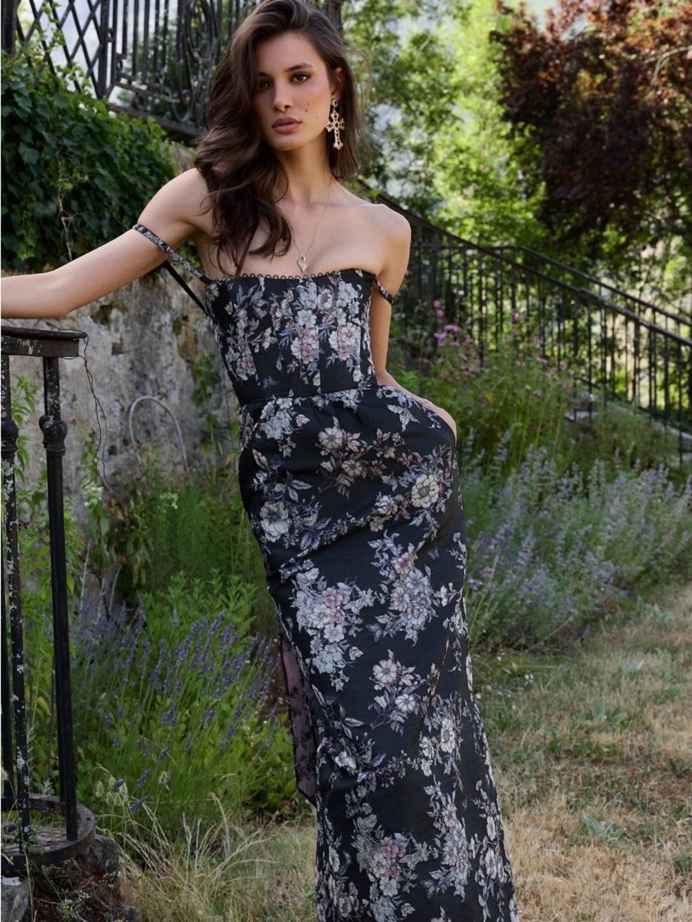 V. Chapman Black Floral Strapless Maxi Dress